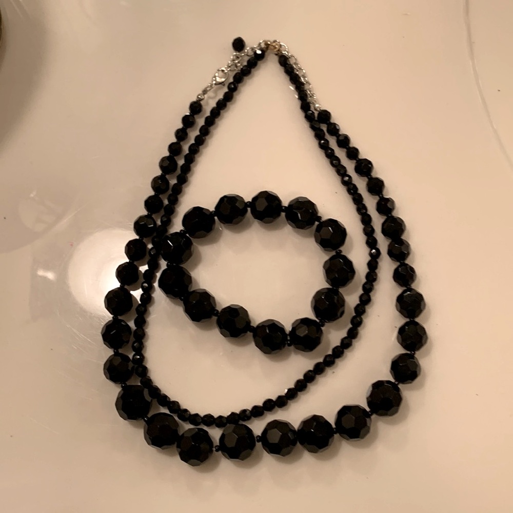NWOT Black glass jewelry set of bracelet and 2 necklaces